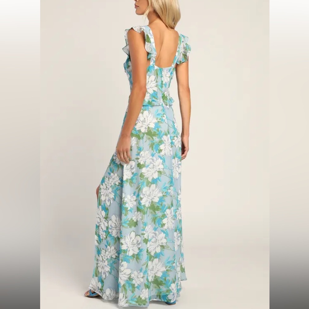 NEW! Lulu’s Sensational Spring Light Blue Floral Print Ruffled Maxi Dress 🌷 - Picture 4 of 13